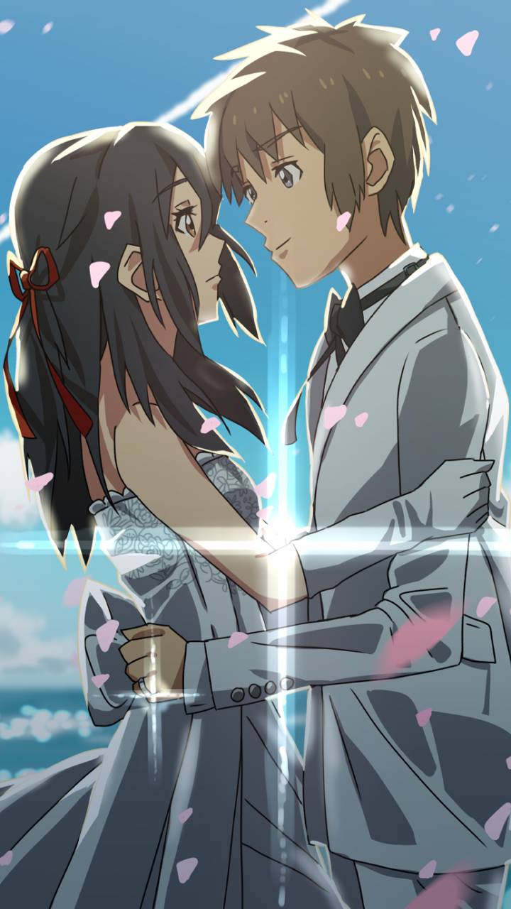 Phone wallpaper from Your Name. — anime scene of Taki Tachibana and Mitsuha Miyamizu embracing by the sea under a blue sky, sakura petals falling and a soft glowing light between them.