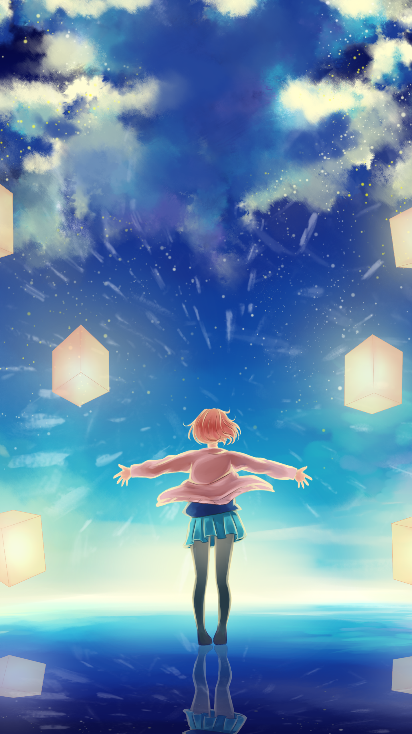 Anime phone wallpaper of Mirai Kuriyama (Beyond the Boundary) standing with arms outstretched toward a luminous blue sky, surrounded by glowing floating lanterns and their reflections on water.