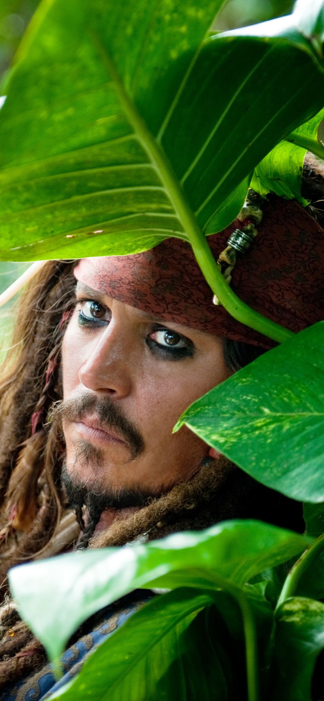 Phone wallpaper: close-up of a dreadlocked pirate with kohl-rimmed eyes peering through tropical leaves, a cinematic portrait evoking Pirates of the Caribbean: On Stranger Tides.