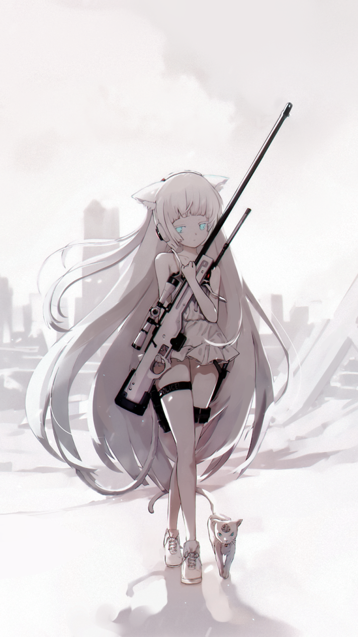 Phone wallpaper featuring AWP from Girls Frontline, showcasing the character with a sniper rifle and a small animal companion in a soft-toned cityscape.