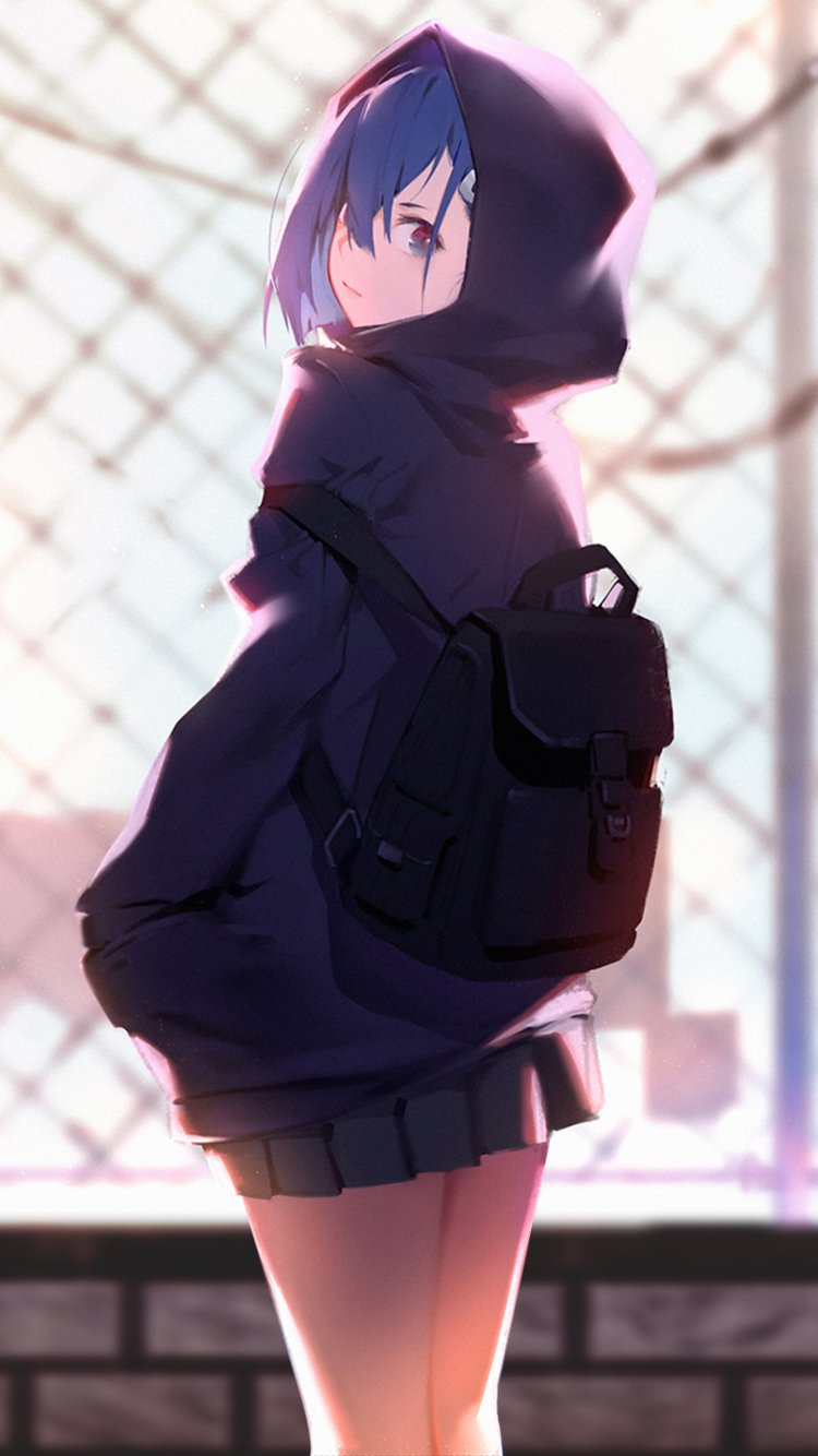 Phone wallpaper featuring Ichigo from the anime Darling in the FranXX, showcasing her in a hoodie with a backpack against a softly lit, urban background.