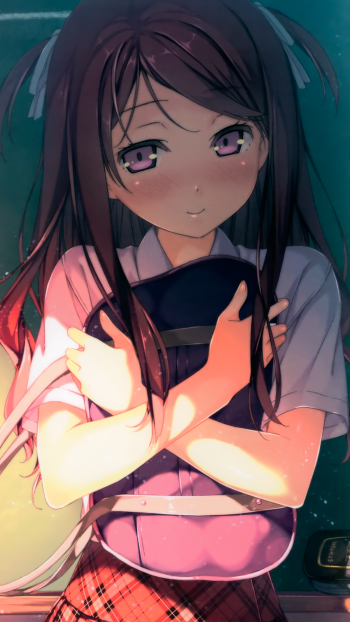 Phone wallpaper of an original anime from 5 Nenme no Houkago: schoolgirl in uniform, blushing and hugging her backpack under warm light.