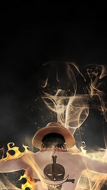 Phone wallpaper: Portgas D. Ace from One Piece — back view with his straw hat and skull tattoo, engulfed in flames and smoky fire shapes on a dark background.