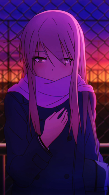 Anime phone wallpaper featuring Mashiro Shiina from Sakurasou no Pet na Kanojo, set against a vibrant sunset with a chain-link fence backdrop.
