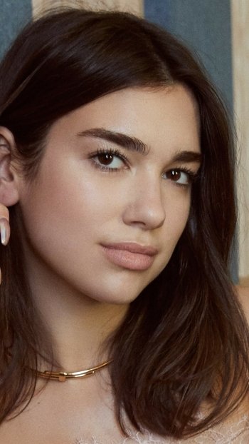close-up face smile British brown eyes long hair brunette singer music Dua Lipa Phone Wallpaper