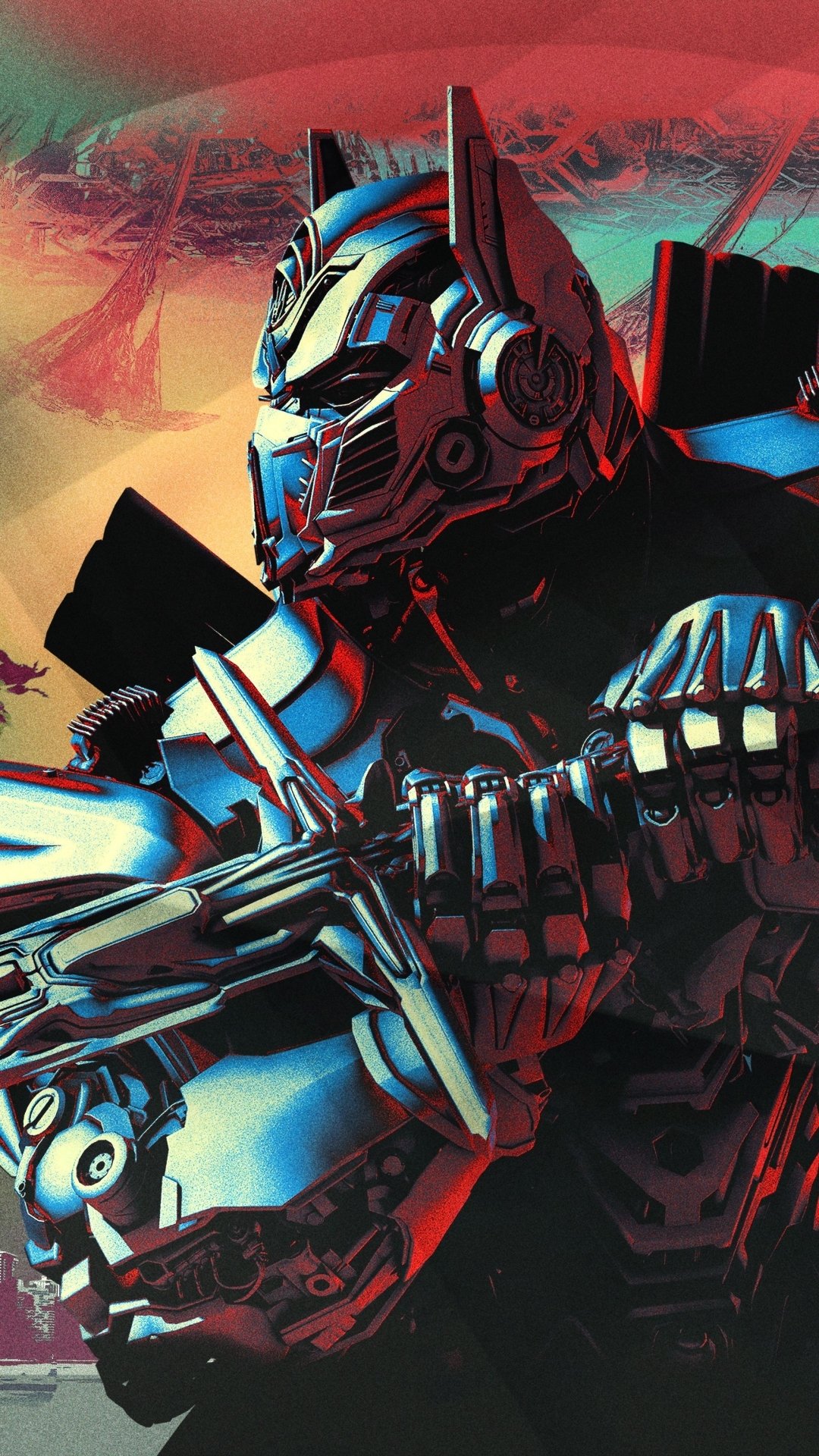 Phone wallpaper of Optimus Prime from the movie Transformers: The Last Knight — a detailed robot gripping a sword, bathed in dramatic red and teal lighting.