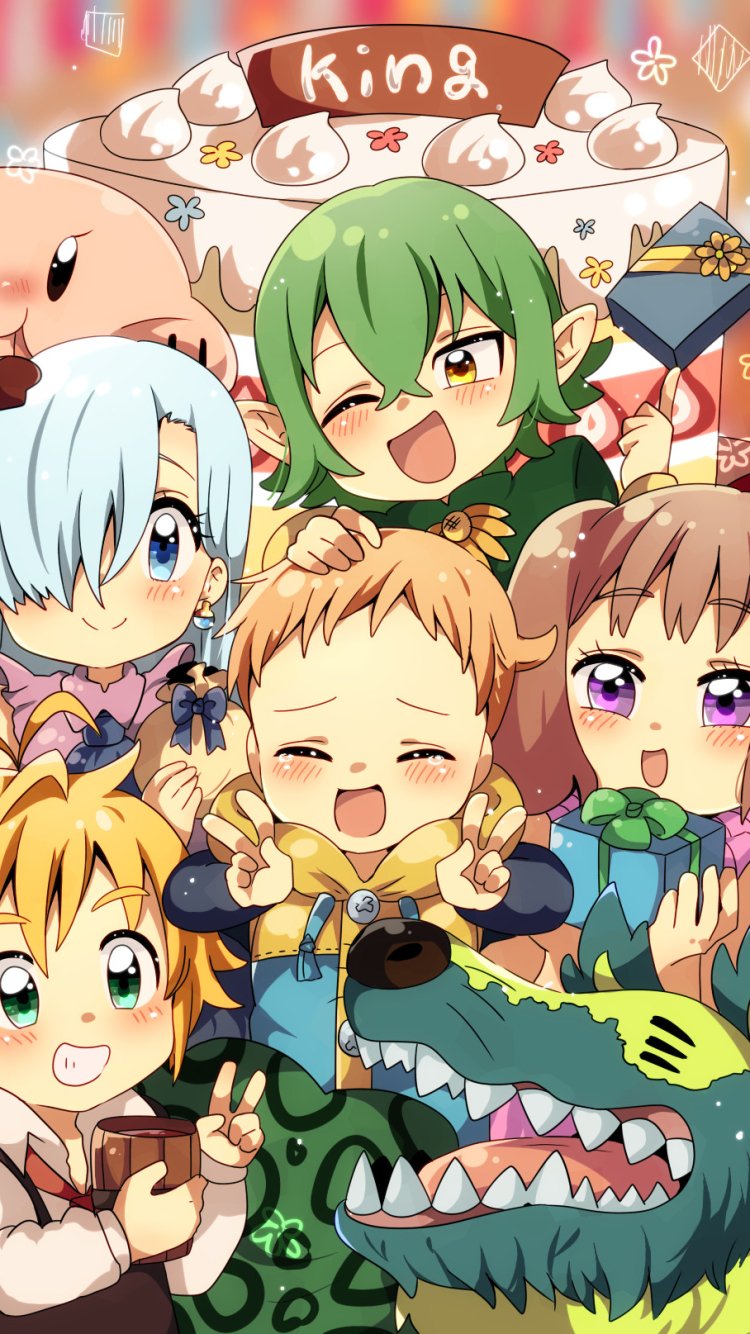 Chibi-style Elizabeth Liones, Diane, King, and Meliodas from The Seven Deadly Sins in a colorful anime wallpaper designed for iPhone and Android phones.