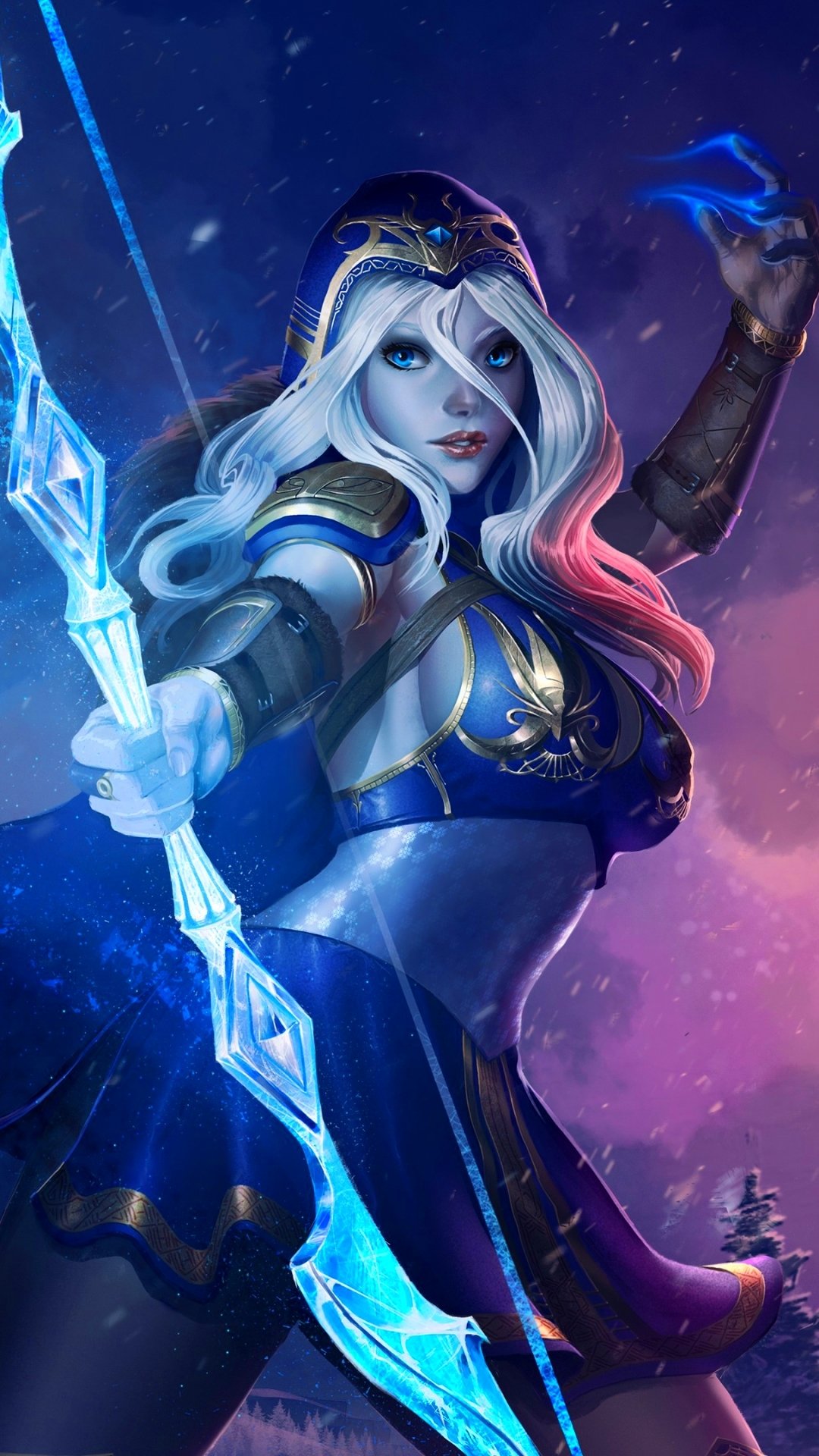 Phone wallpaper of Ashe from the video game League of Legends: blonde, blue-eyed archer and woman warrior drawing an icy bow against a blue‑purple night sky.
