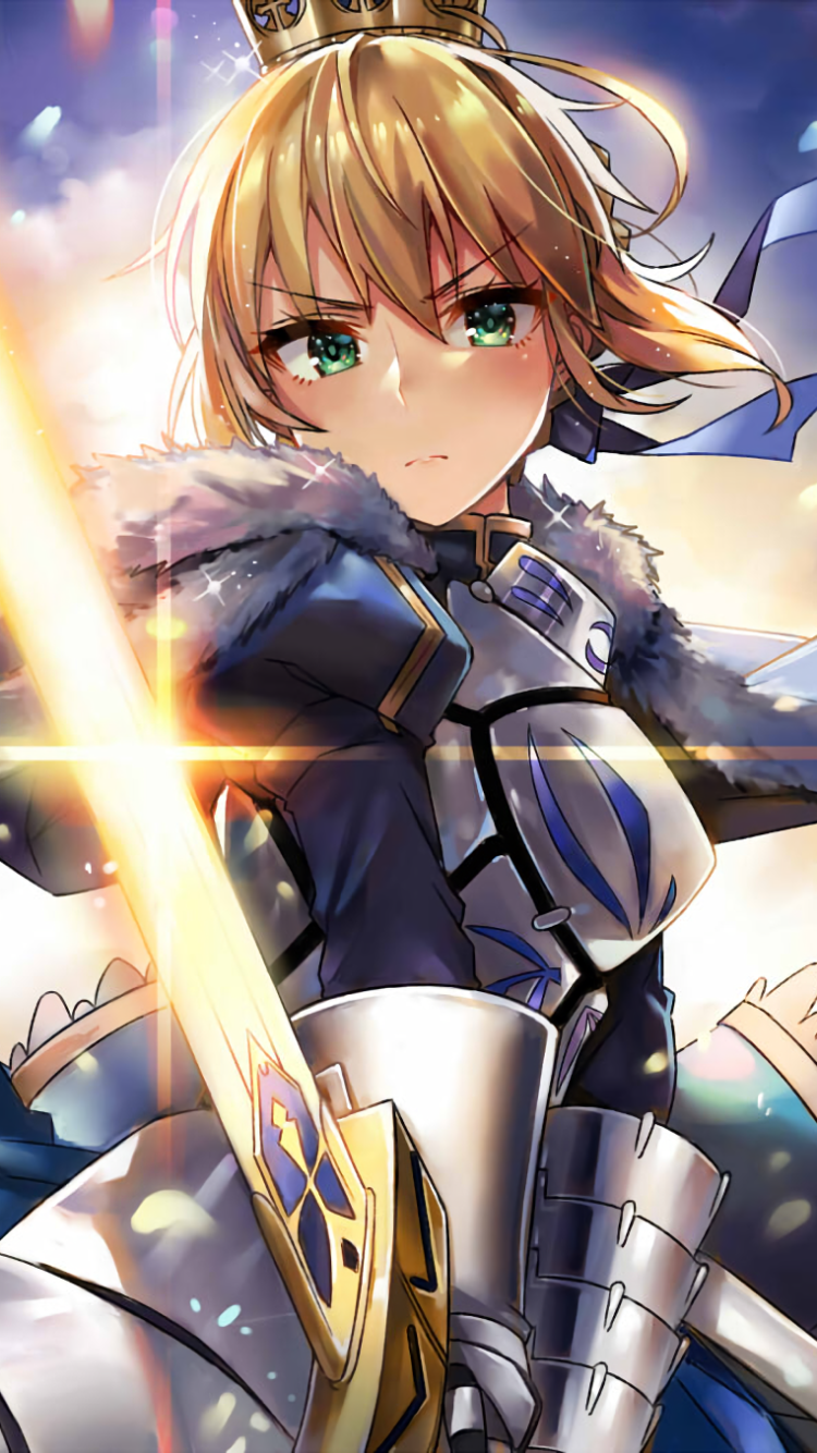 Phone wallpaper of Artoria Pendragon (Fate/Stay Night) in anime style — armored Saber brandishing a glowing sword with a determined expression against a dramatic sky.