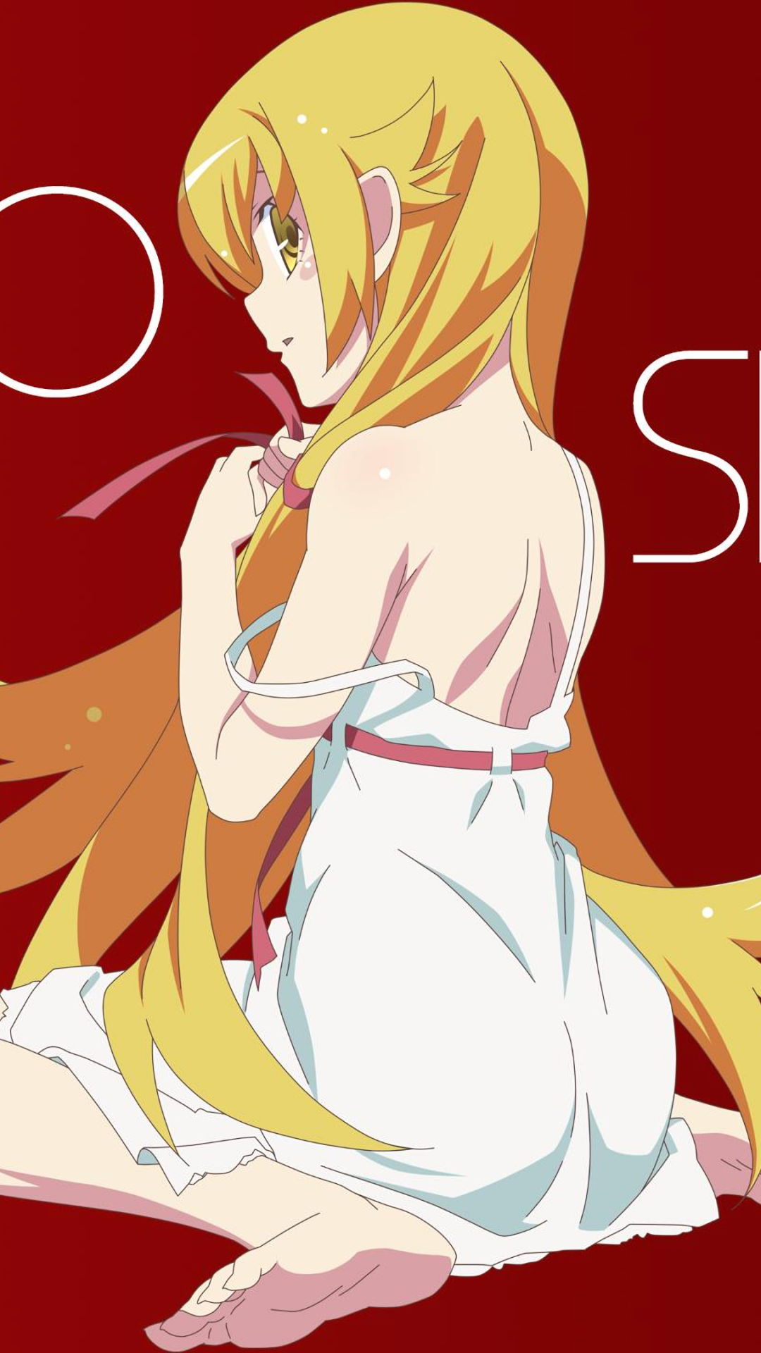 Phone wallpaper of Shinobu Oshino from the Monogatari series: long blonde hair, wearing a white slip, seated with an exposed back against a deep red background.