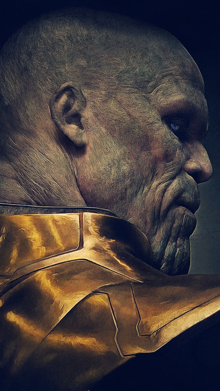 Close-up side profile of Thanos from Avengers: Infinity War, featured as a phone wallpaper compatible with iPhones and Android devices.
