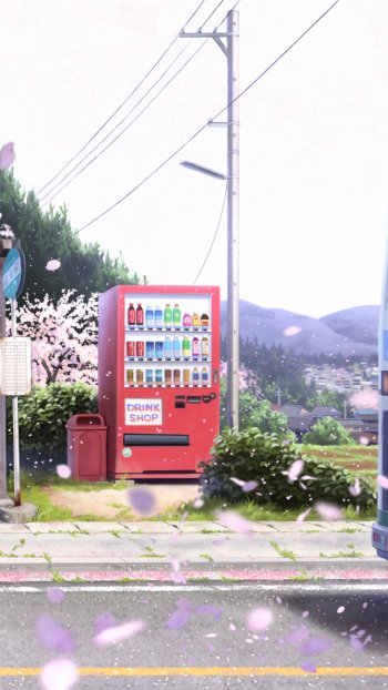 Anime original phone wallpaper showing a red vending machine by a quiet roadside, cherry blossom petals drifting, utility pole and distant hills in soft morning light.