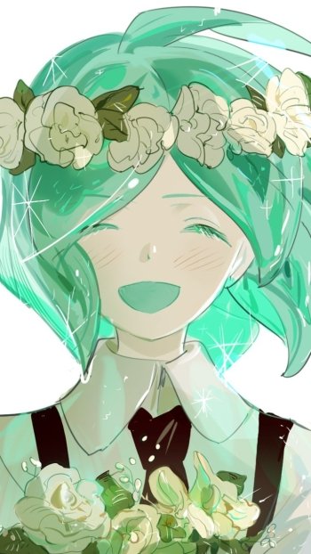 Phone wallpaper of Phosphophyllite from Land of the Lustrous: smiling green-haired anime character wearing a flower crown and holding a bouquet in soft, sparkling pastel tones.