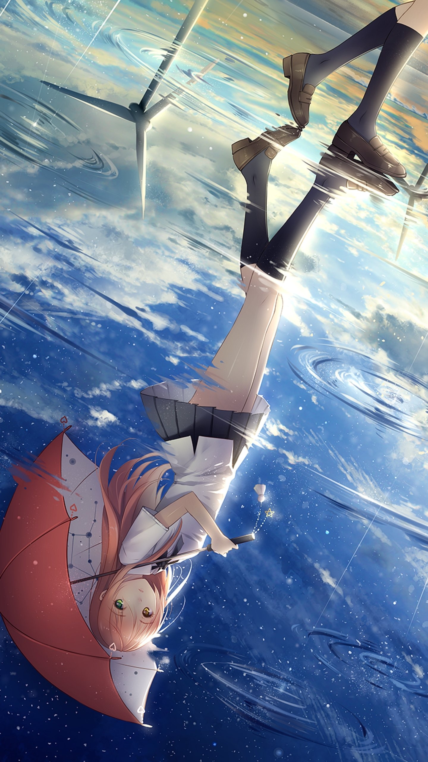 Anime-style original artwork of a girl with a red umbrella standing in rain, reflected on a wet surface; designed as a vibrant phone wallpaper for iPhone and Android.