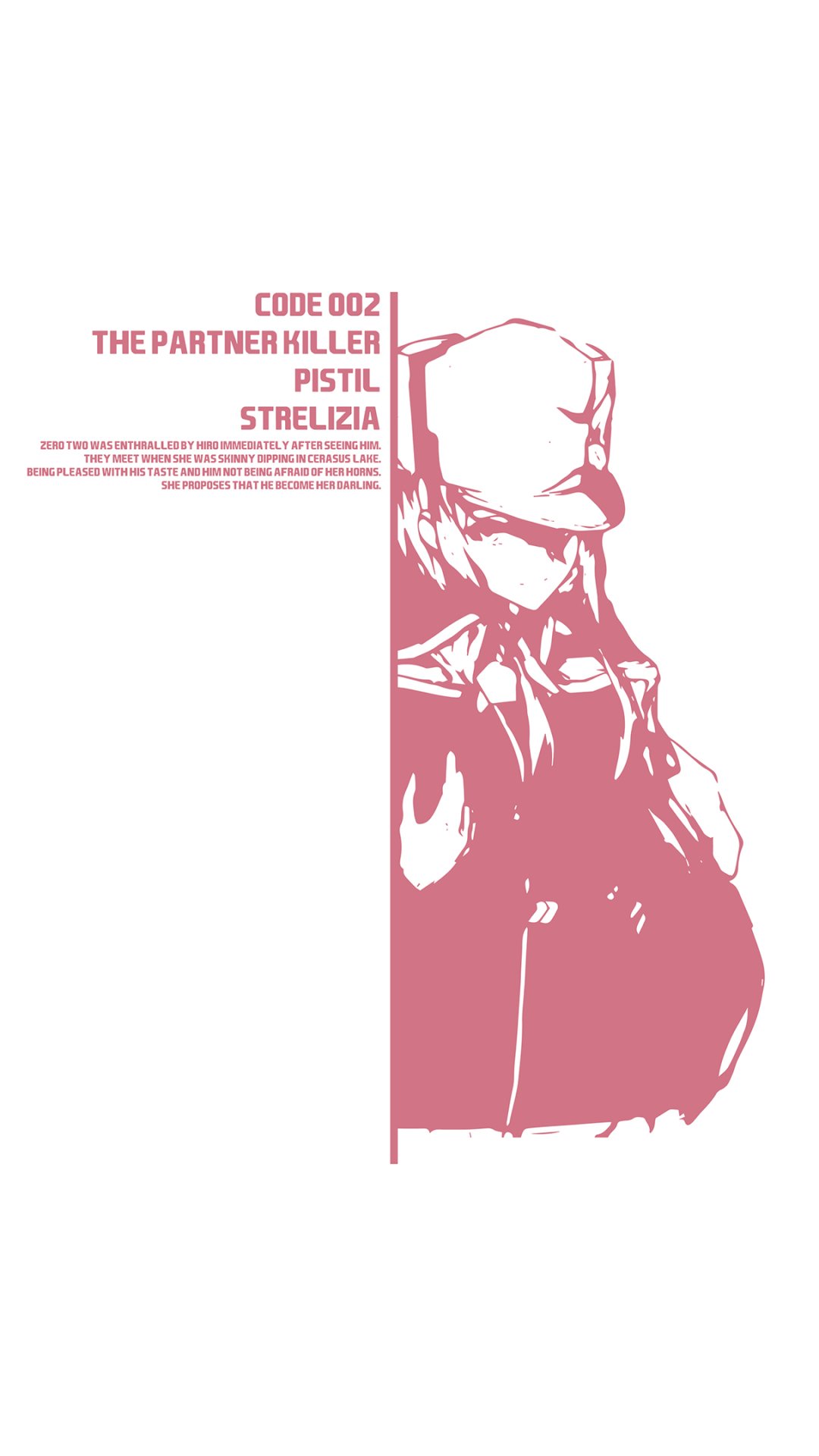 Phone wallpaper featuring a minimalist pink and white silhouette of Zero Two from the anime Darling in the FranXX with text elements referencing her character.