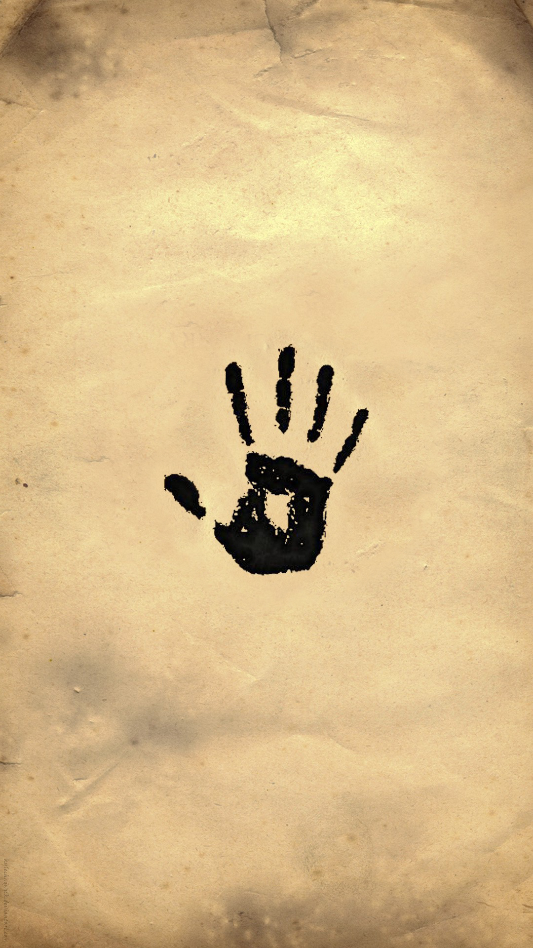 Phone wallpaper featuring the iconic black handprint symbol from The Elder Scrolls V: Skyrim, set against a weathered parchment background for iPhone and Android.