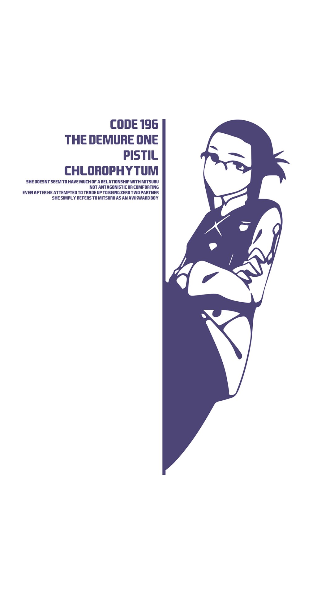 Phone wallpaper of Ikuno (Darling in the FranXX), minimalist purple two-tone anime portrait with glasses and arms crossed on the right, and a block of coded text on the left.