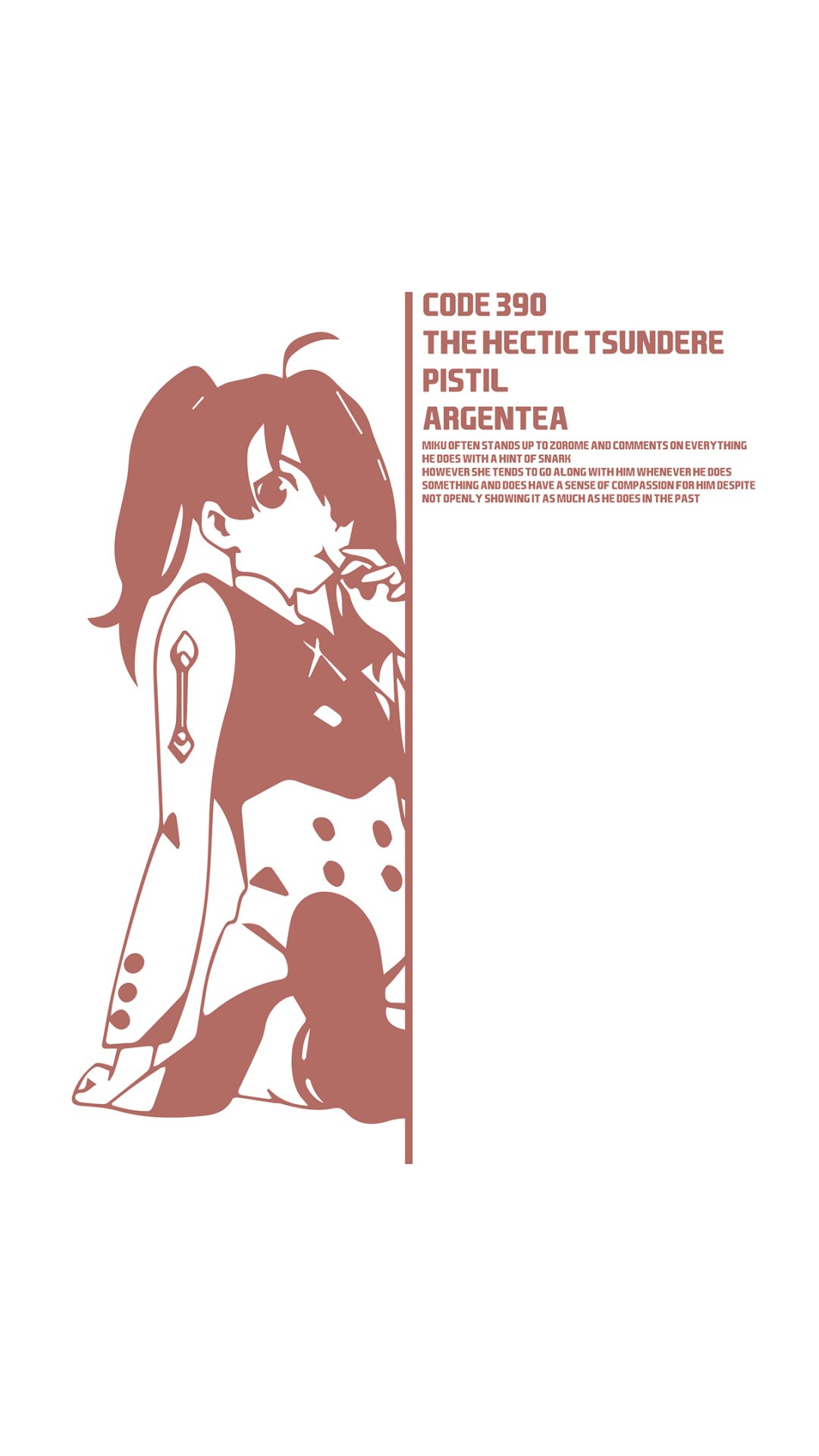 Phone wallpaper showing a minimalist maroon illustration of Miku (Darling in the FranXX), anime-style character in profile beside a column of stylized text.