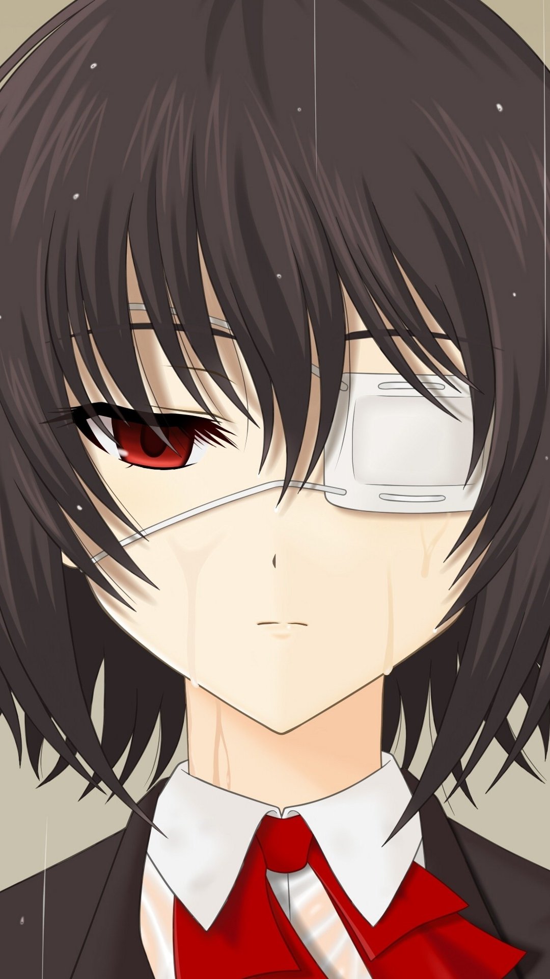 Phone wallpaper featuring Mei Misaki from the anime Another — close-up anime portrait with dark hair, one red eye, white eyepatch, somber expression, school uniform and red ribbon.