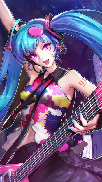 Hatsune Miku blue hair twintails long hair purple eyes guitar Anime Vocaloid Phone Wallpaper