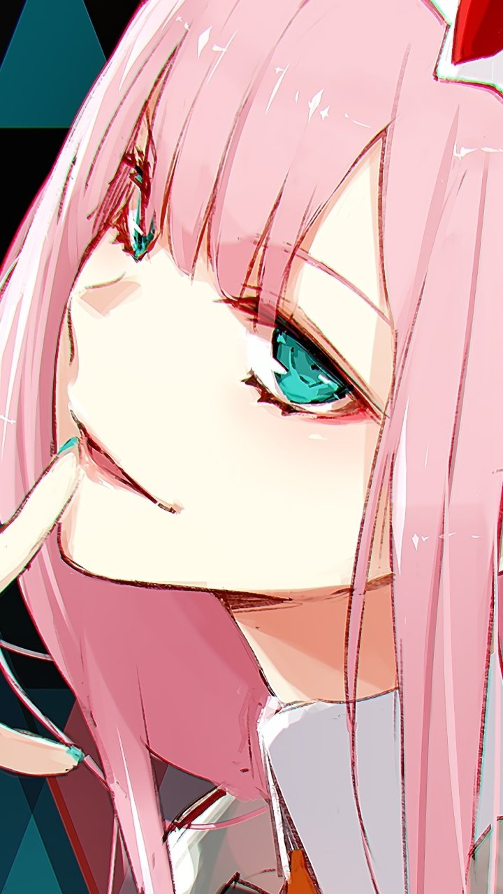 Close-up anime phone wallpaper of Zero Two from Darling in the FranXX, featuring her signature pink hair and teal eyes, designed for iPhone and Android displays.