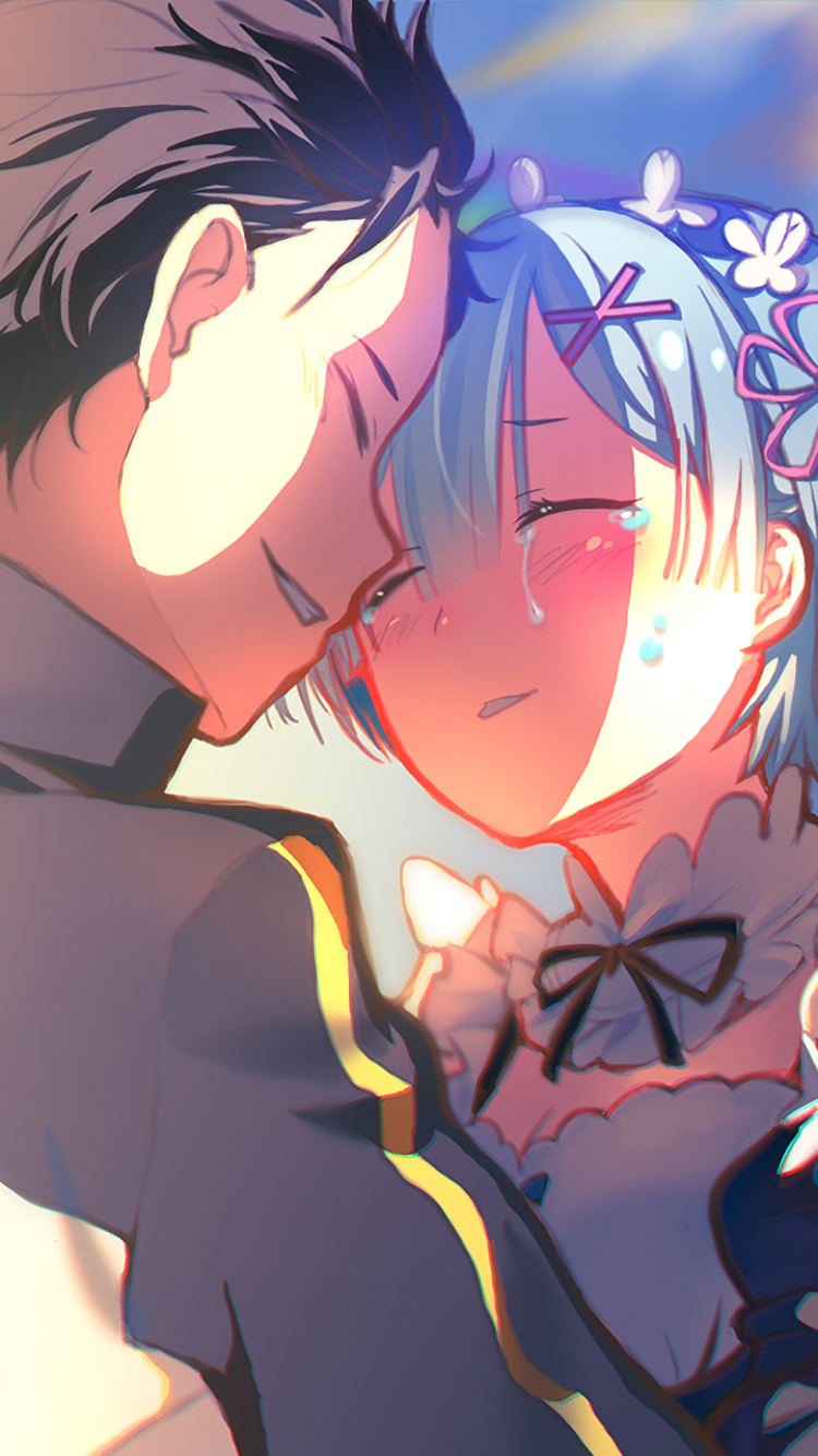 Phone wallpaper featuring Subaru Natsuki and Rem from Re:Zero - Starting Life in Another World, capturing an emotional anime moment with vibrant colors for iPhones and Android phones.