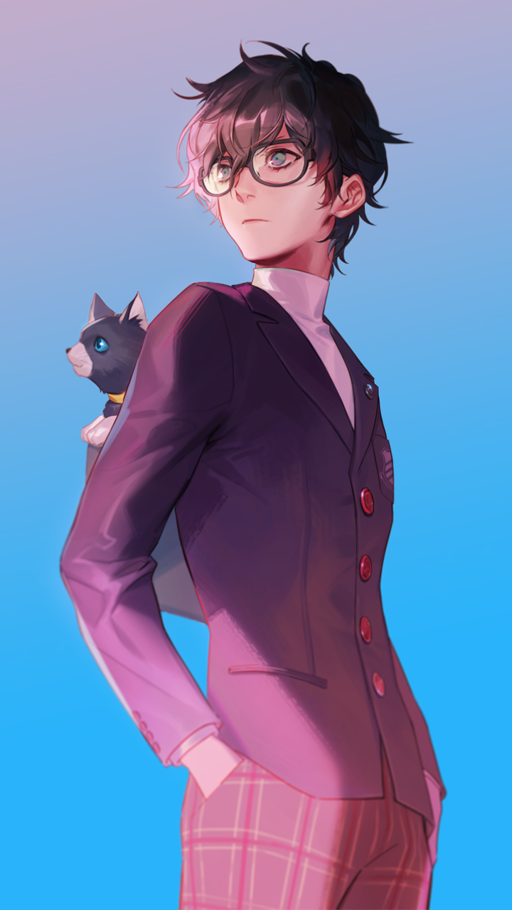 Phone wallpaper of Akira Kurusu (Persona 5) — bespectacled youth in a blazer and plaid pants, hands in pockets, Morgana perched on his shoulder against a pink-to-blue gradient.