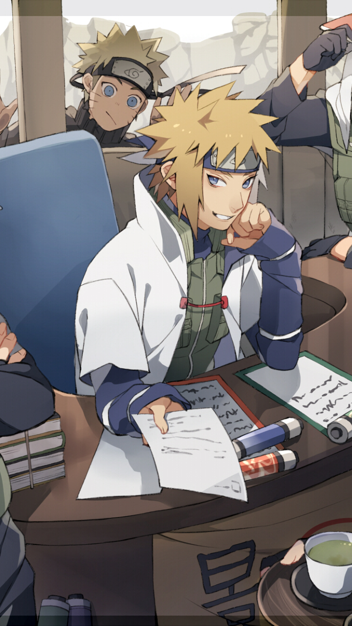 Phone wallpaper anime scene from Naruto: Minato Namikaze studies papers at a desk while Naruto Uzumaki peeks from behind; scrolls, markers, and a tea cup sit on the table.