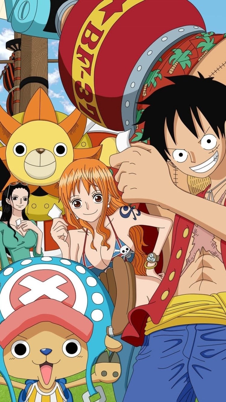 One Piece anime phone wallpaper: Nami, Tony Tony Chopper, Nico Robin and Roronoa Zoro posing aboard the Thousand Sunny.