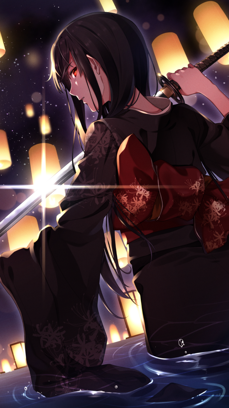 Anime phone wallpaper: a red-eyed warrior in a dark kimono with black hair, holding a katana amid floating candles and lanterns, standing in shallow water.