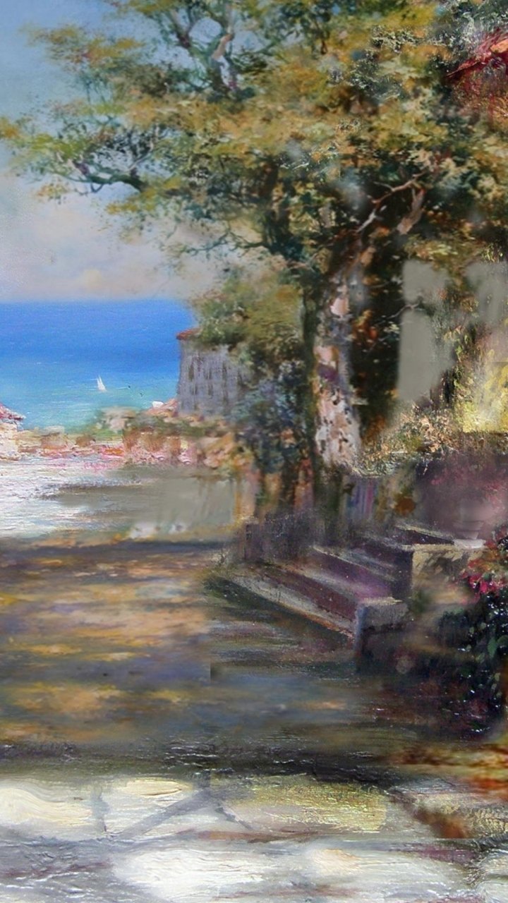 Download Village Sea Holiday Artistic Painting Phone Wallpaper