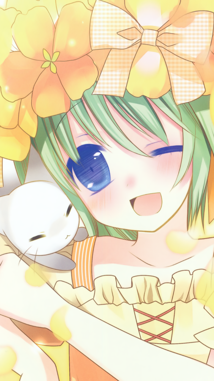 Download Bow (Clothing) Wink Green Hair Blue Eyes Cat Blush Smile ...