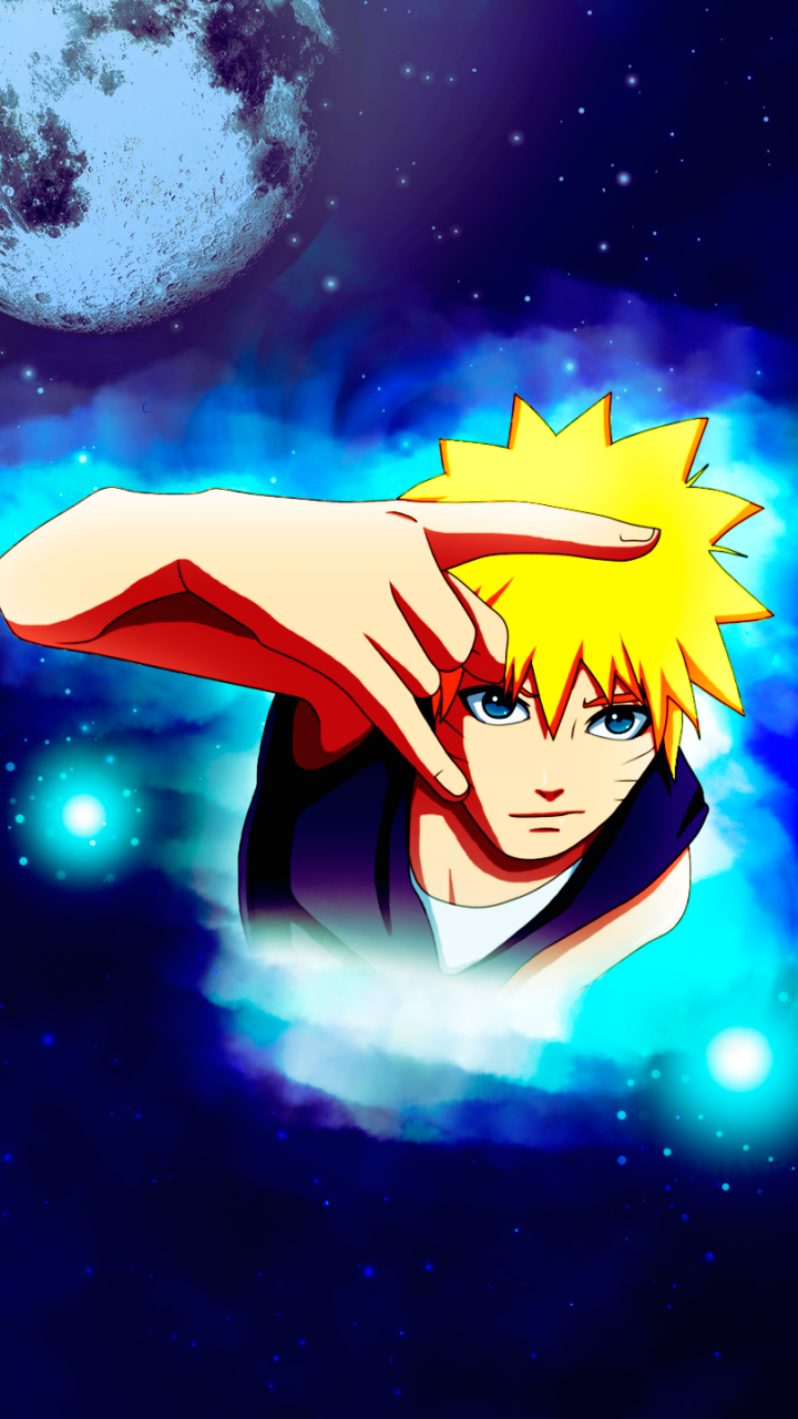 Phone wallpaper featuring Naruto Uzumaki in anime style, reaching forward with a hand sign amid a glowing blue nebula, starry sky and a large moon.