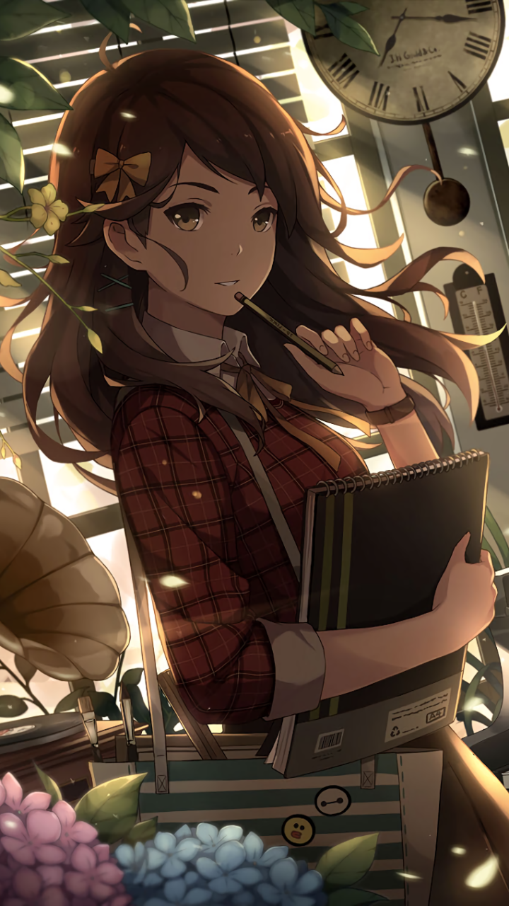 Anime-style original phone wallpaper featuring a thoughtful girl with flowing hair holding a notebook, set against a vintage clock and floral background, for iPhone and Android.