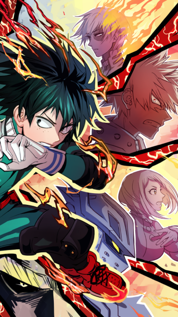 Phone wallpaper featuring Shoto Todoroki, Katsuki Bakugou, and Izuku Midoriya from the anime My Hero Academia in dynamic action poses with fiery and electric effects.