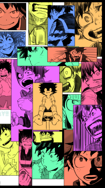 Phone wallpaper collage of Izuku Midoriya from the anime My Hero Academia — colorful comic-style panels showing multiple intense and determined expressions.