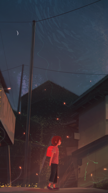 Original anime phone wallpaper (iPhone & Android): a figure in a red shirt stands on a quiet night road between houses under a crescent moon.