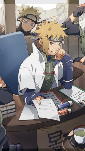 Phone wallpaper anime scene from Naruto: Minato Namikaze studies papers at a desk while Naruto Uzumaki peeks from behind; scrolls, markers, and a tea cup sit on the table.
