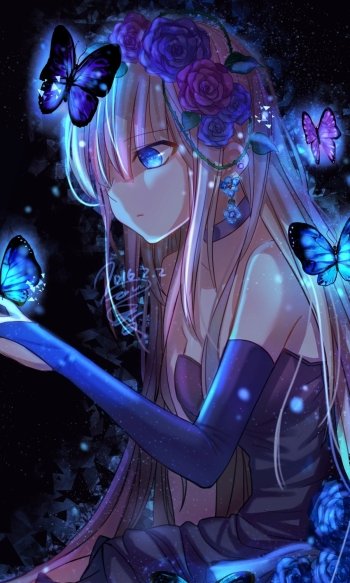 Anime girl with long hair and striking blue eyes surrounded by glowing blue butterflies and purple roses, set against a dark, ethereal background—designed for phone wallpaper.