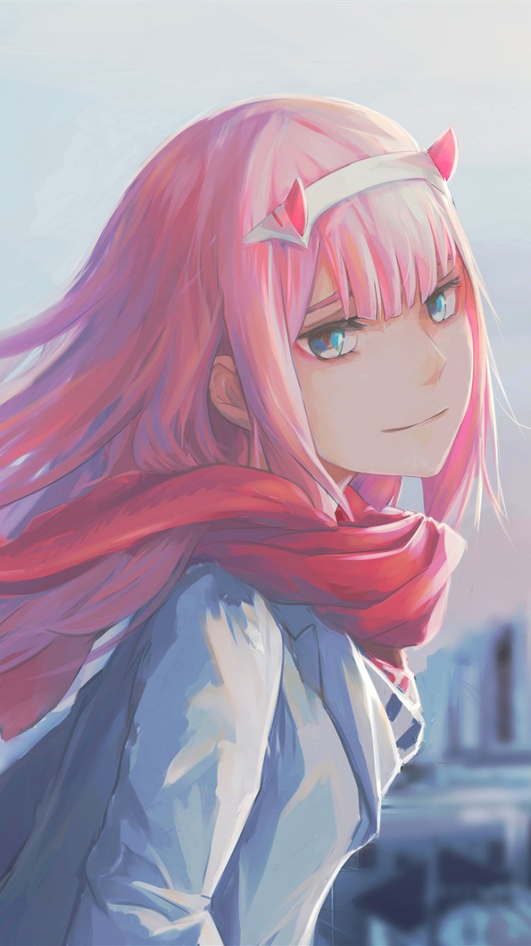 Phone wallpaper featuring Zero Two from Darling in the FranXX anime, with soft pastel colors and detailed art, compatible with both iPhone and Android screens.
