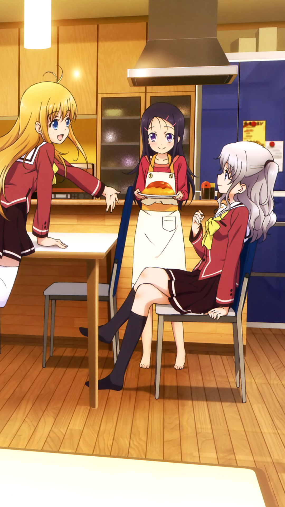 Phone wallpaper of Yusa Kurobane, Ayumi Otosaka and Nao Tomori from the anime Charlotte, casually chatting in a warm, sunlit kitchen scene.