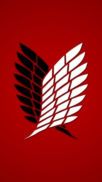 Anime Attack on Titan wallpaper featuring the Survey Corps emblem in black and white wings on a red background, designed for iPhone and Android phones.