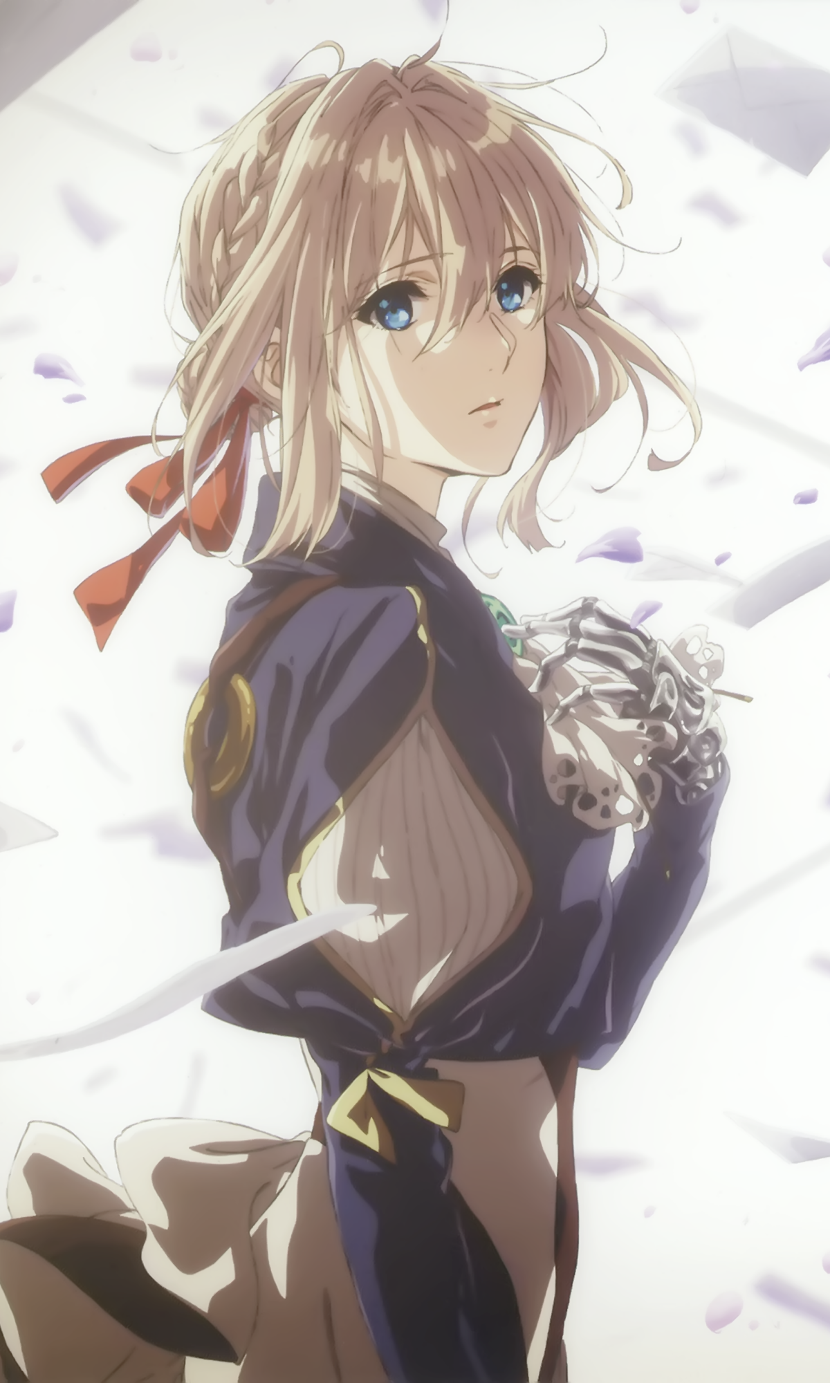 Phone wallpaper of anime character Violet Evergarden: blonde hair, blue eyes, wearing her uniform as petals drift around her.