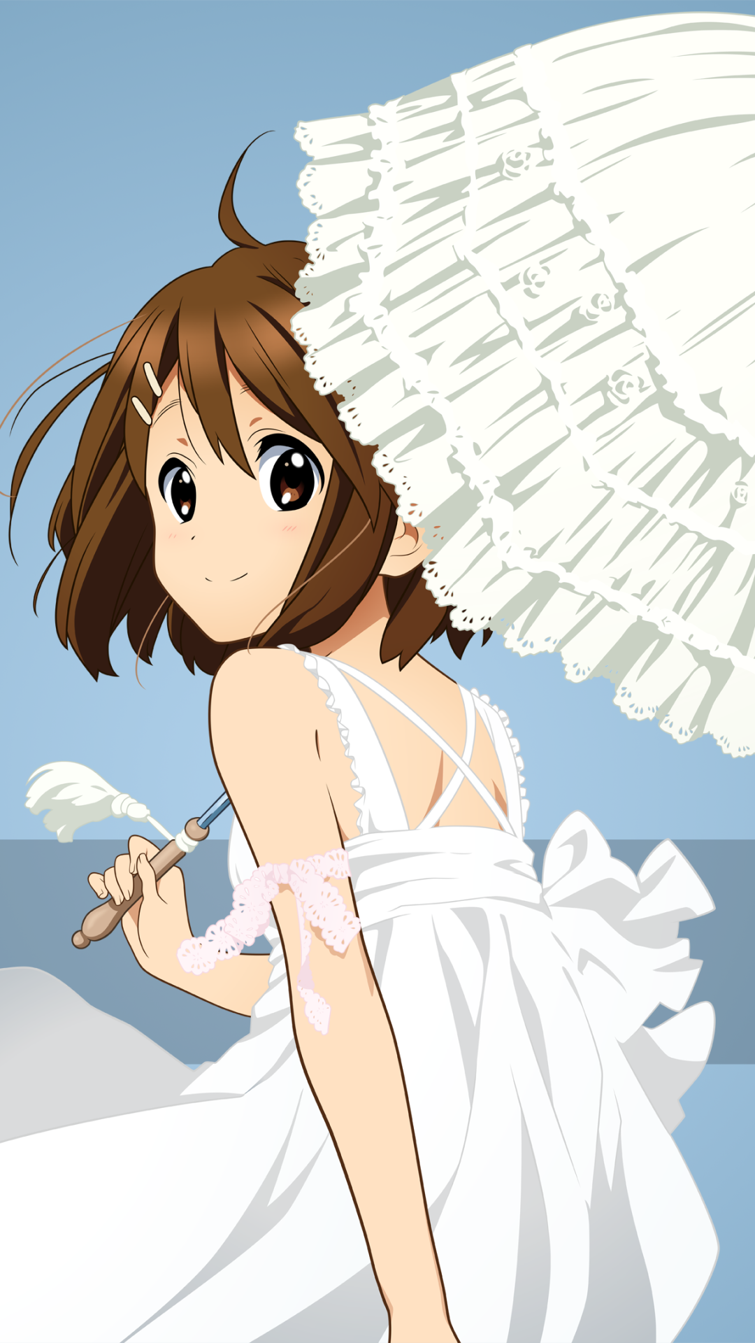 Phone wallpaper — K-ON! anime featuring Yui Hirasawa in a white sundress holding a lacy parasol, glancing over her shoulder against a clear blue sky.