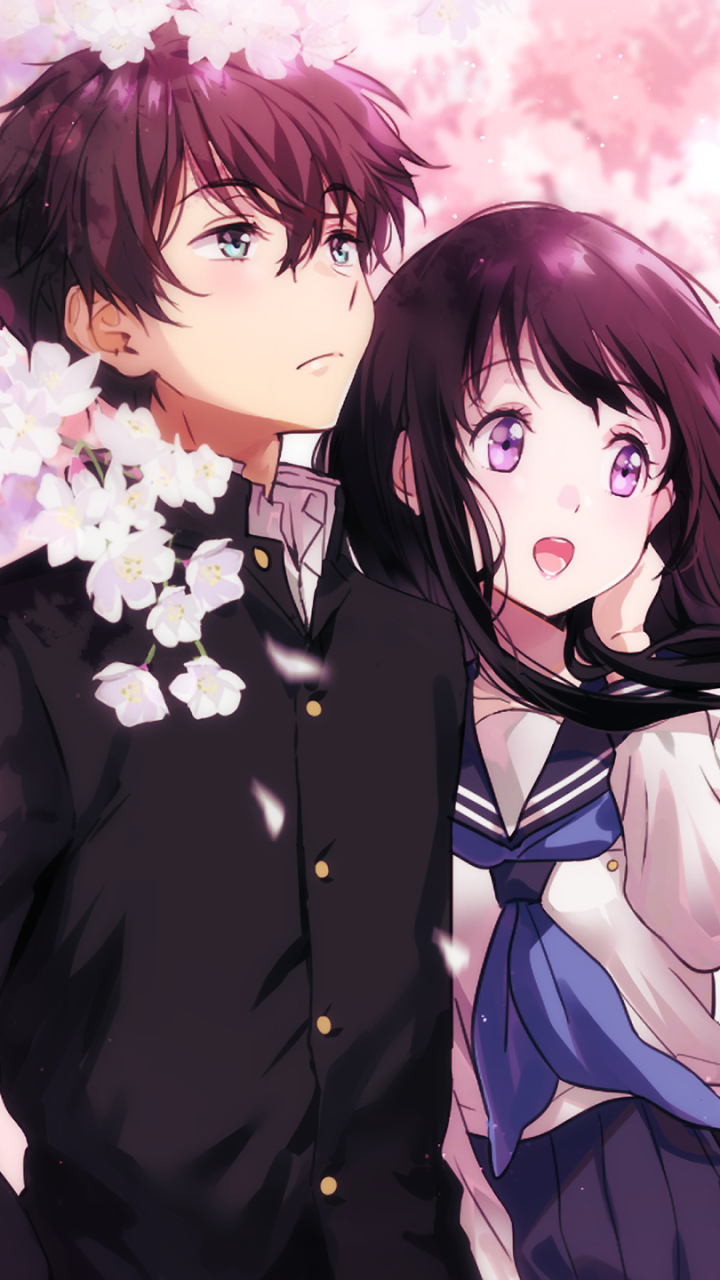 Phone wallpaper featuring Hōtarō Oreki and Eru Chitanda from the anime Hyouka, framed by cherry blossoms in a vibrant, detailed anime style.