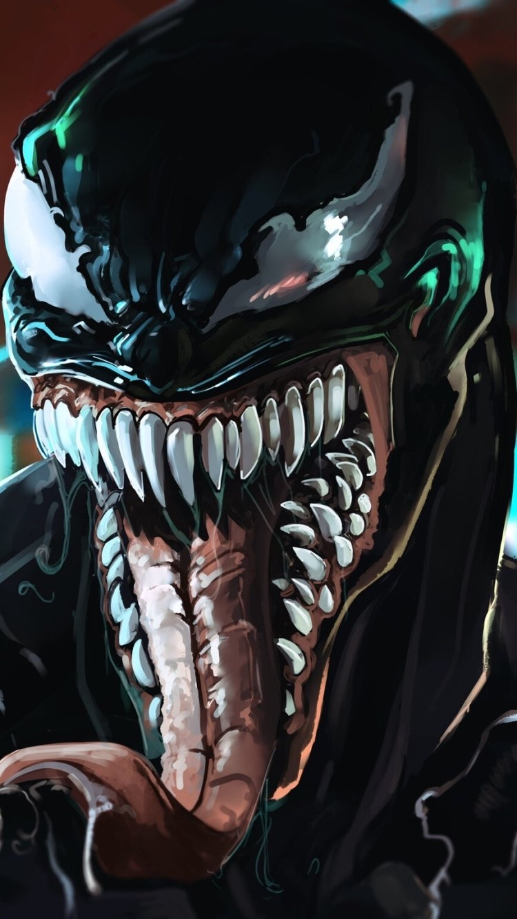 Comic-style Venom close-up: glossy black symbiote with gleaming eyes, rows of jagged teeth and extended tongue, dramatic lighting — vertical phone wallpaper.
