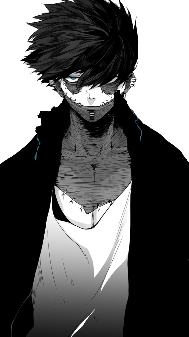 Phone wallpaper featuring Dabi from My Hero Academia in a striking black-and-white anime style, compatible with both iPhone and Android devices.