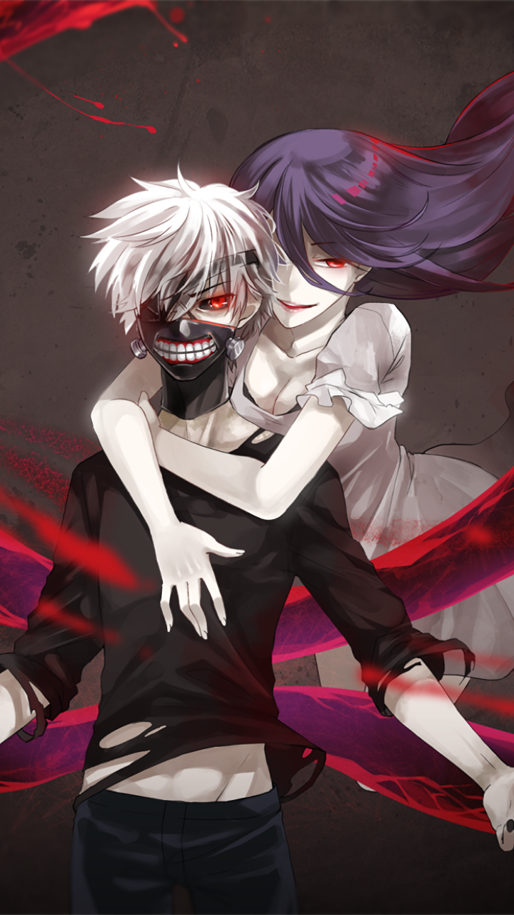 Phone wallpaper featuring Ken Kaneki and Rize Kamishiro from the anime Tokyo Ghoul, showcasing a dark, intense atmosphere with vivid red and black tones.