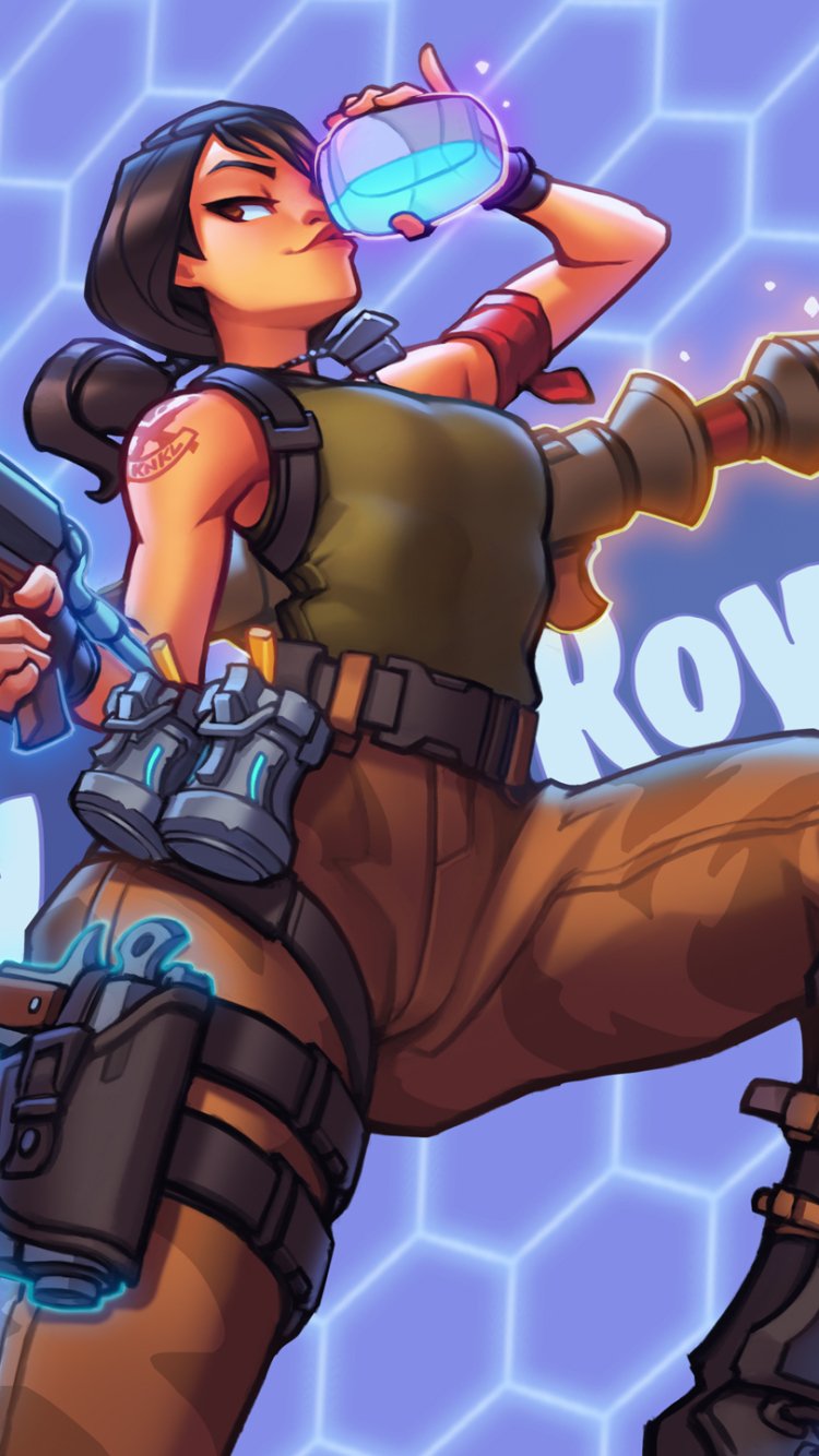 Fortnite character drinking from a glowing bottle, set against a hexagonal blue background, designed as a vibrant phone wallpaper for iPhones and Android devices.