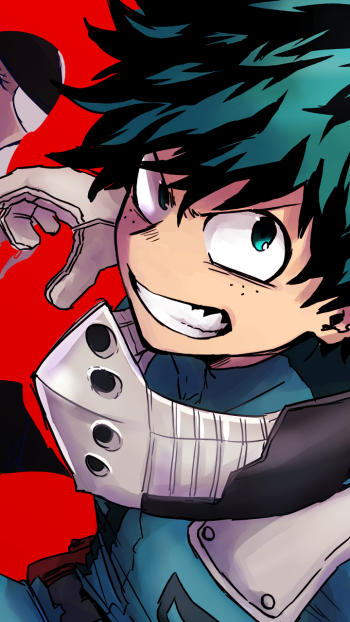 Phone wallpaper featuring Izuku Midoriya from My Hero Academia in dynamic anime style, designed for display on iPhone and Android devices.